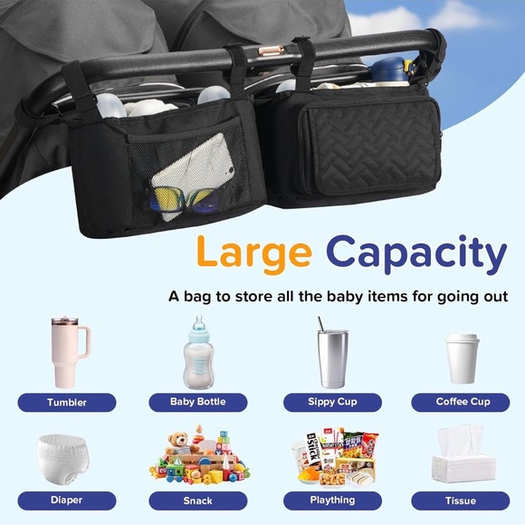 Black Double Stroller Organizer with Cup Holders - Picture 5 of 8